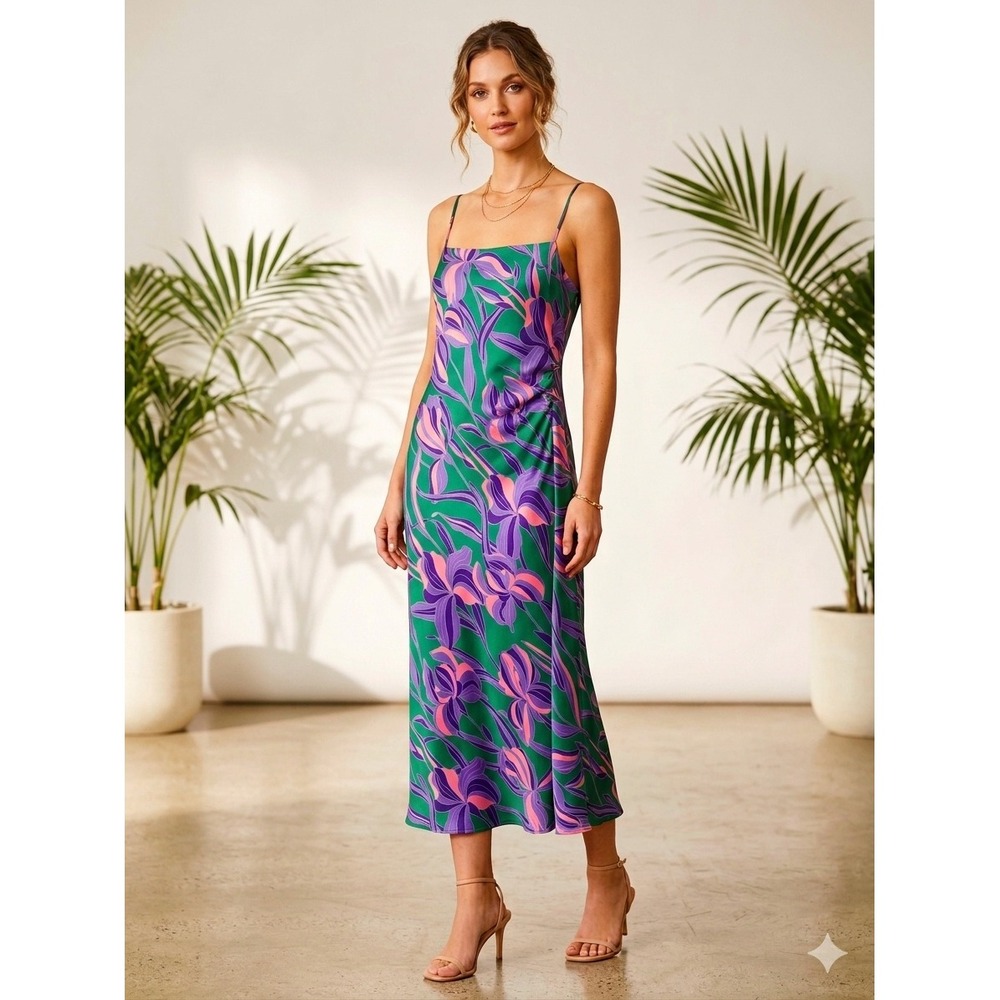 House of Harlow 1960 Green Purple Floral Satin Midi Slip Dress Large